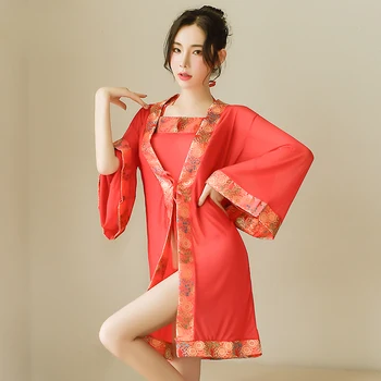 Nova rdeča vidika nevesta kimono kopalni plašč očesa obod T hlače + nightgown nightdress set 3 delni set