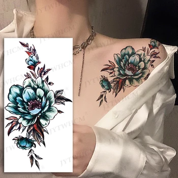 Modra Cvetlični Tattoo Nalepke Nepremočljiva Začasni Tattoo Ženske Prsi Umetnosti Flash Volk Tetovaže in Barvanje Telesa enkratno Tetovaže