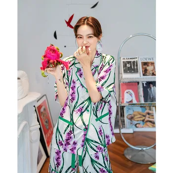 Maison Gabrielle 2021 Nov Poletni Cvetlični Tiskane Svile Saten Pižamo Nastavite Kratek Rokav Loungewear za Žensko Sleepwear 2 Kosa
