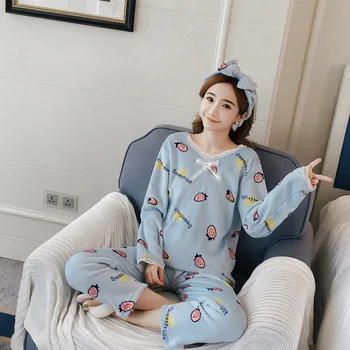 H5718 Pižamo Ženske Korejski Coral Runo Toplo Sleepwear Homewear Dolgimi Rokavi, Debele Flanela Študent Priložnostne Pozimi Domov Oblačila