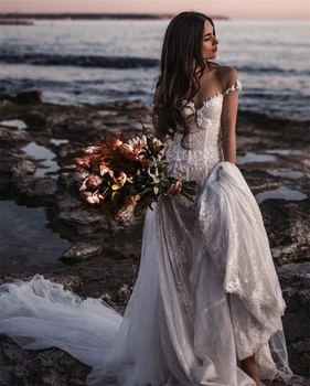 Cvetlični Appliques Romantično 2021 Plaži Poročno Obleko Off Ramo Ljubica Čipke Odklon Nazaj Seksi Boho Poročne Poročni Obleki
