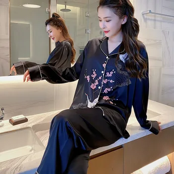 Kitajski Slog Tiskanja 2PCS Ženske Pižame bo Ustrezala Pomlad Jesen Svoboden More Saten Majica&Sopihanje Sleepwear Priložnostne Domov Oblačila