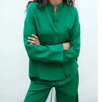 Blagovno Znamko Oblačil Obleko 2021 Jeseni Stilsko Zelena Svoboden Bluzo Majice+Elastični Povoj Naravnost Hlače Dva Kosa Iz Elegantna Blusas