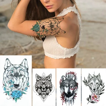 Totem Volk Začasne Tetovaže, Nalepke Za Moške, Ženske Stroj Ponaredek Zapestnica Tetovaže Gozd Fox Cvet Body Art Roko Tattoo Listi 3D