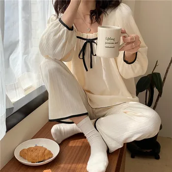 Korejski Bombaž Sleepwear Ženske Kvadratnih Ovratnik Lok Čipke Majice + Dolge Hlače Nastavite Dva Kosa Iz Priložnostne Sweet Pižamo Set