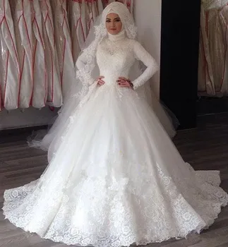 2021 Visoko Vratu Muslimanskih Čipke Poroka Obleke, Dolge Rokave Zajeti Gumb Sodišče Vlak Poročne Halje Vestidos De Novia arabski obleke