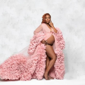 Puhasto Til Porodniškega Obleke za Fotografijo Ustrelil Ruffle Stopenjski Noseča Oblek po Meri Narejeno Baby Tuš Ženske Robe