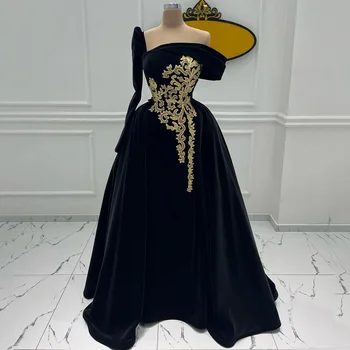 Ena Ramenski Črno Žametno Obleko A-line Večerne Obleke Aplicirano Elegantne Obleke Za Poroko z Dolgimi Rokavi Ženske Oblačila Prilagodite