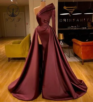 Preprosta, vendar Eleganten Eno Ramo Naguban Dolg Rokav Visoko Režejo Burgundija Večerne Obleke