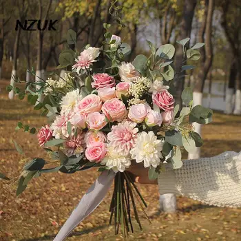 NZUK Big Pink Nevesta Šopek francoski Vrtnice Romantično Kmečko Poročni Šopek, Dekoracijo Družico ima Cvetje šopek