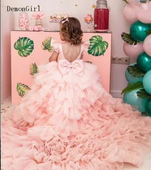 Luksuzni Hi-Lo Stopenjski Dekle Pageant Halje z Dolgimi Vlak Backless Cvet Dekle Obleko za Poroko Otroci Rojstni dan Oblek