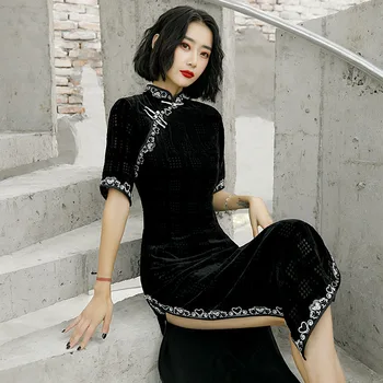 Jeseni, Pozimi Žensk Oblačenja New Style Retro Cheongsam Dolgo Slog Dvojno Žamet Cheongsam Izboljšano Kitajski Obleko Qipao Платье