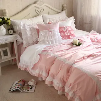 Novo sladko čipke roza posteljnina nabor mozaik ruffle rjuhe kritje gubam posteljo stanja spalnica dekoracijo posteljnina princesa kompleti posteljnine