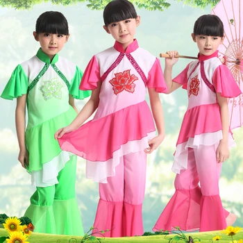 Dekle Yangko Plesne Kostume 2 Kos Otroci Nacionalni Ples, Oblačila Kitajski Folk Dance Kostumi Zelena/rdeča Otrok, Ljubitelj Plesa Obrabe 18