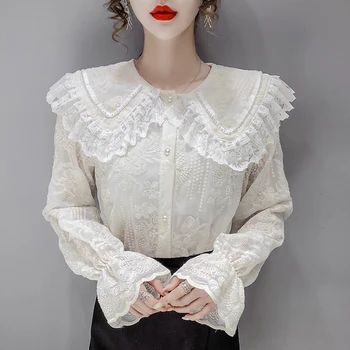 Ženske sladko bluzo letnik znižuj ovratnik pomlad jesen dolgimi rokavi ženske majice beli vrhovi lolita majica preppy ženske tunika