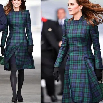Princesa Kate Middleton Obleko Jeseni, Pozimi Ženska Dolg Rokav Zelena Visoka Kakovost, Elegantna Letnik Urad Priložnostne Kariran Midi Obleko
