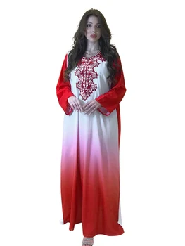 Jalabiya Muslimansko Obleko Maxi Ženske Vezenje Poln Rokav Haljo Jeseni Nov Modni Gradient Elegantno Muslimanska Stranka Dolgo Obleko Vestido
