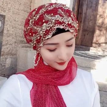 Vezenje Žensk Turban Skp Beading Muslimanski Vodja Šal Pripravljen Nositi Headscarf Klobuk Islam Hidžab Bonnet Turbante Kape