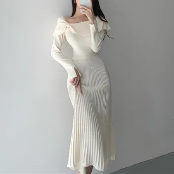 Elegantno Obleko Bele 2022 Ženske Visoko Pasu Slim Pletene Obleke Trdna Naguban Obleke Nežen Plemenito Žensko Urad Dama Vestidos