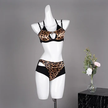 Upam&Win Žensk Pole Dance Oblačila Asimetrični Obreži Zgoraj Z Visokim Pasom na Dnu Leopard Ujemanje Barv Seksi Erotična Clubwear
