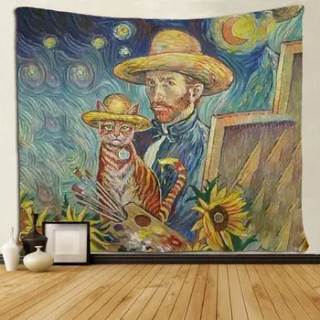 Van Gogh Mačka in Sončnično Olje Slikarstvo Tapiserije