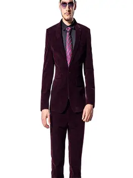 2020 Slim Fit Ženina Tuxedos Burgundija Groomsmen Zarezo River Moških Poročno Obleko Najboljše žamet Mens Barve (Suknjič+Hlače+Kravato)