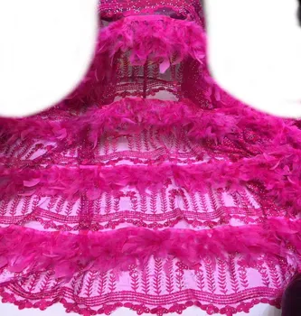 5yards Vroče prodajo francoskih čipke tkanine z pero, Nigerijski čipke z kamna tkanine, tkanine za haute couture obleko ML8390