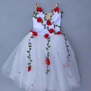 Odraslih Romantično Strokovno Balet Tutu Belo Rdeče Rože Balet Obleko Za Dekleta, Otroci, Otrok, Sodobni Ples, Pravljice Dolgo Til Obleko