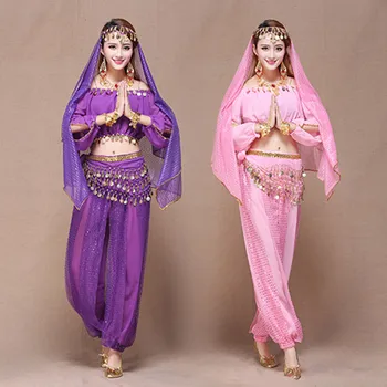 Indijski Sari ženska Indijski Ples 4-delni Kostum Set (Vrh, Pas,hlače in tančico za glavo) Trebuh lesa Plesne Kostume za lady