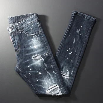 Ulični Stil Modni Moške Jeans Retro Črna Modra Slim Fit Uničeno Ripped Kavbojke Moški Obliž Oblikovalec Hip Hop Denim Punk Hlače