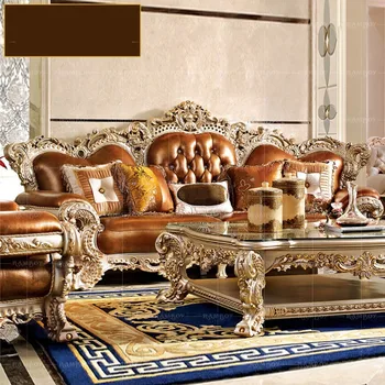 Italijanski masivnega lesa izrezljane usnjeni kavč francoski luksuzni velikih dnevni prostor kavč