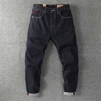 Jeseni Novi Ameriški Retro 14 OZ Primarne Barve, Denim Jeans, Moda za Moške 100% Bombaž Oprati Težji Slim Naravnost Priložnostne Hlače