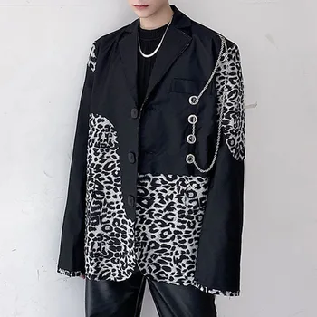 Jopič Jakna Moški Leopard Splice Železne Verige Priložnostne Svoboden Ulične Gotski Stil Modni Obleko, Plašč, Moški Harajuku Blazerji Človek
