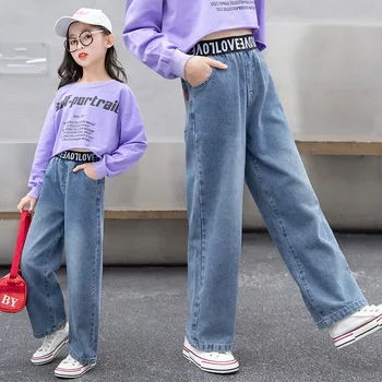 2022 Otroci Dekliška oblačila, Jeans, Moda Otrok Hlače Svoboden Širok Noge Denim progastih Hlač Vseh tekmo Priložnostne Visoko Pasu hlače najstniki