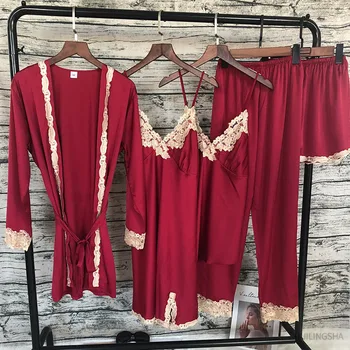 Ženske Poletne Svile 5 Kosov Haljo Določa Vezenje Spanja Jutranje Nastavite Satenast Kimono Seksi Plus Velikost Nightgowns Sleepshirts Pyjama Set