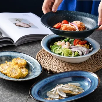 FANCITY Ovalne keramični jed jed, potrošniške in komercialne ustvarjalne osebnosti Japonski namizni pribor preprosto Zahodni globoko posodo testenine