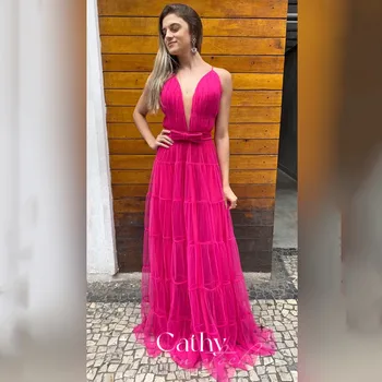 Cathy Špageti Trak Maxi Stranka Obleko Seksi Proti-vrat Til Vestidos De Noche Rose Pink Maturantski Obleki brez Rokavov Večerne Obleke