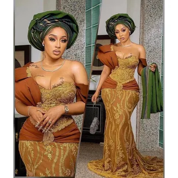 Edinstveno Zlato Čipke Aso Ebi Prom Obleke Plus Velikost Nigerijski Afriške Formalno Večerno Obleko Morska Deklica Ruffles Asoebi Prom Stranka Oblek