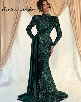 Temno Zelena Bleščica Muslimanskih Večerno Obleko z Dolgimi Rokavi Elegantne Obleke, Ženske Za svate Dubaj tam kaftan arabski Maturantski Obleki robe