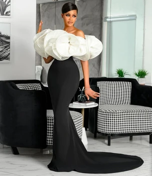 Elegantno črna in bela morska deklica večerno obleko Aso Ebi slog z puhasto ruffle maturantski obleki brez naramnic skp rokavi vlak stranka obleko