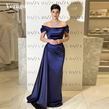 Verngo Kraljevsko Modra Saten Večerne Obleke Off Ramen, Rokavih Gub Overskirt Dolžina Tal Formalno Prom Oblačenja Dubaj Ženske