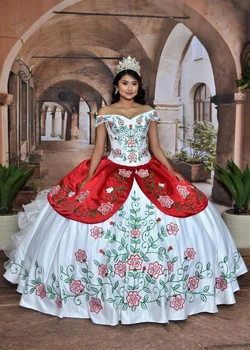 Mehiški Vezeni Cvetlični Quinceanera Obleko Ruffles Stopnjah Krilo Bela In Rdeča Prom Obleke Žogo Tradicionalnih Sladko 15 16 Obleke