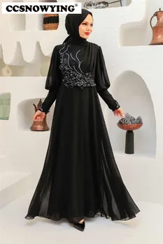 Črna Šifon Beaded Hidžab Muslimanskih Večerne Obleke Arabski Dubaj Dolg Rokav Formalno Stranko Obleke Maroški Caftan Haljo De Soiree