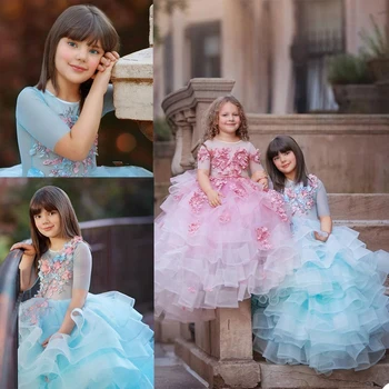 Modra Ruffles 2020 Roža Punca Obleke Za Poroko O Vratu Dolg Rokav 3D Cvetlični Dekleta Pageant Halje Otroci Rojstni dan Občestva Obrabe