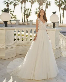 Lepe Iluzije Dolg rokav Poročne obleke Romantično Appliques A-Line Poročno Obleko Draped Haljo de Mariee