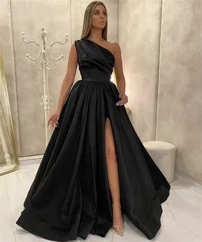 Seksi Črnega Prom Obleke A-Linija Strani Špranjske Saten Haljo De Soiree Z Zadrgo Nazaj-Ramo Split Dolge Večerne Obleke Vestidos