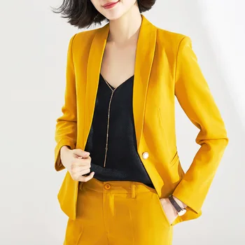Korejski spomladi in jeseni dolgo oplaščeni urad ženske delovne obleke rumena poslovno obleko, suknjič in hlače 2-kos obleko