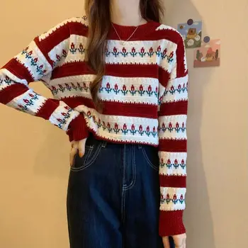 Sladko in mehko voščene starosti,-zmanjšanje vseh tekmo puloverju pulover svoboden Japonski študent črtasto pleteno pulover vrhovi pulover ženske